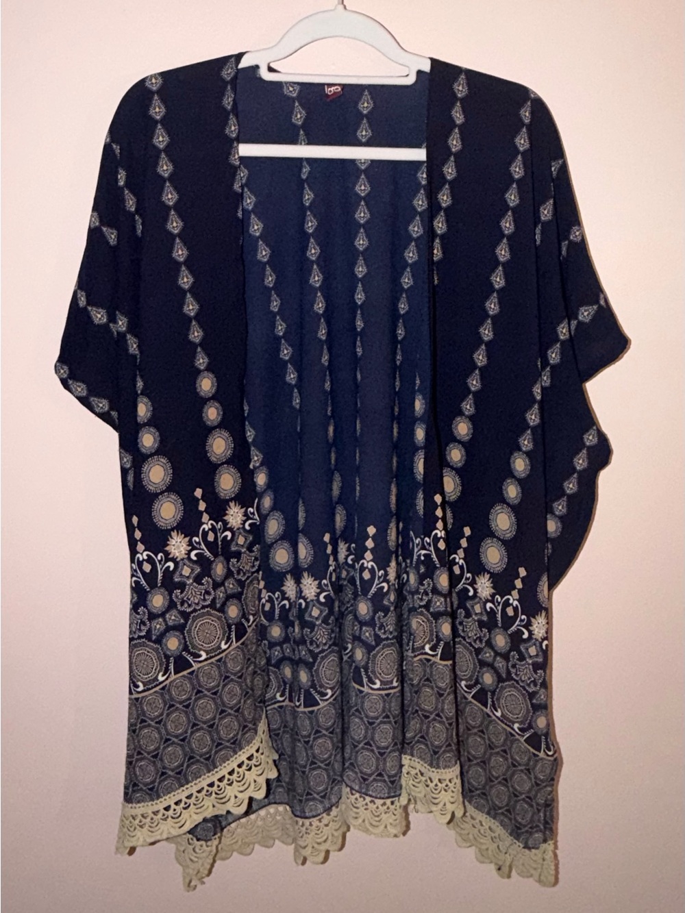 “G” Boho Navy Kimono Cardigan with Cream Crochet Trim